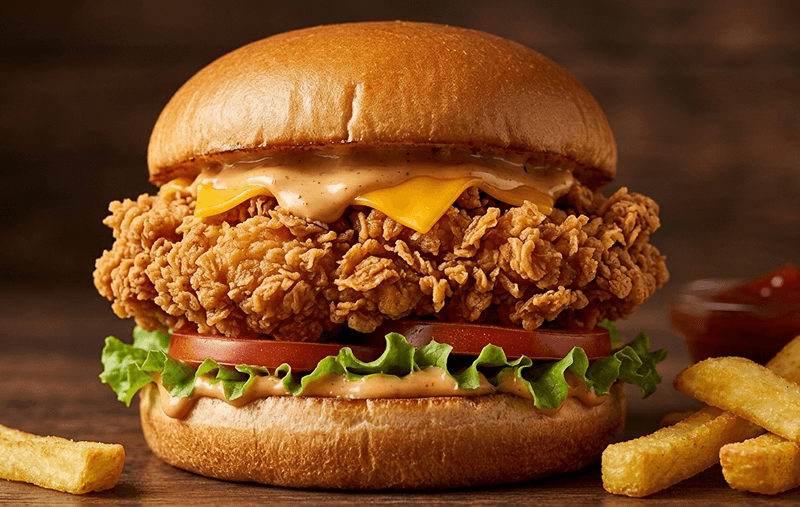 Crispy chicken burger meal for KFC Zinger calories guide