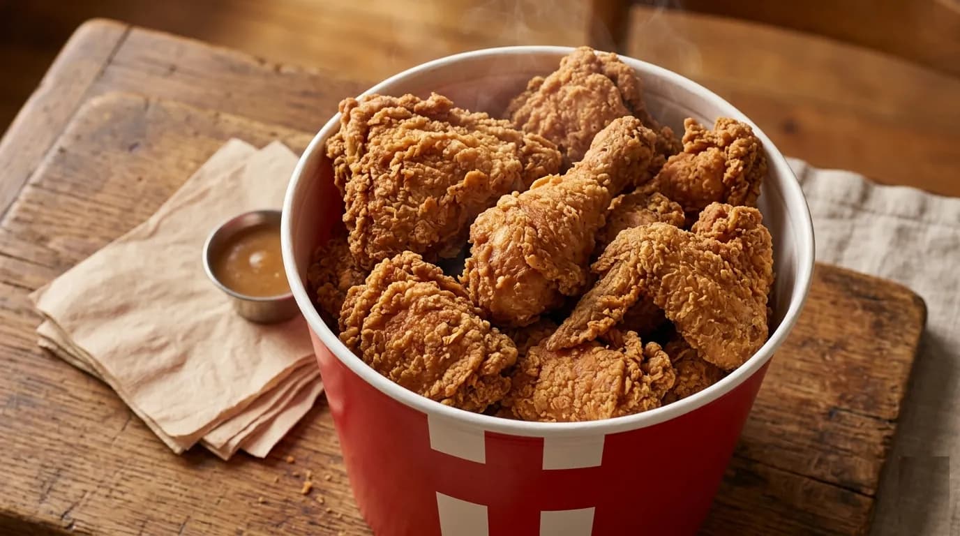 KFC bucket filled with mixed fried chicken pieces