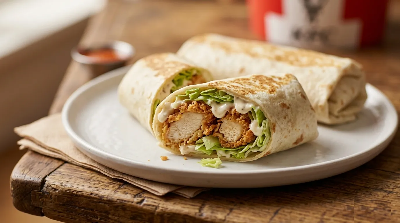 KFC Twister wrap halved showing crispy chicken fillet and sauce inside